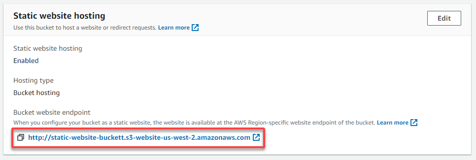 Accessing the S3 bucket website endpoint