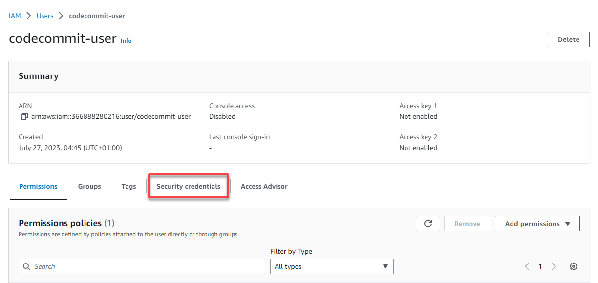 Accessing the Security credentials tab