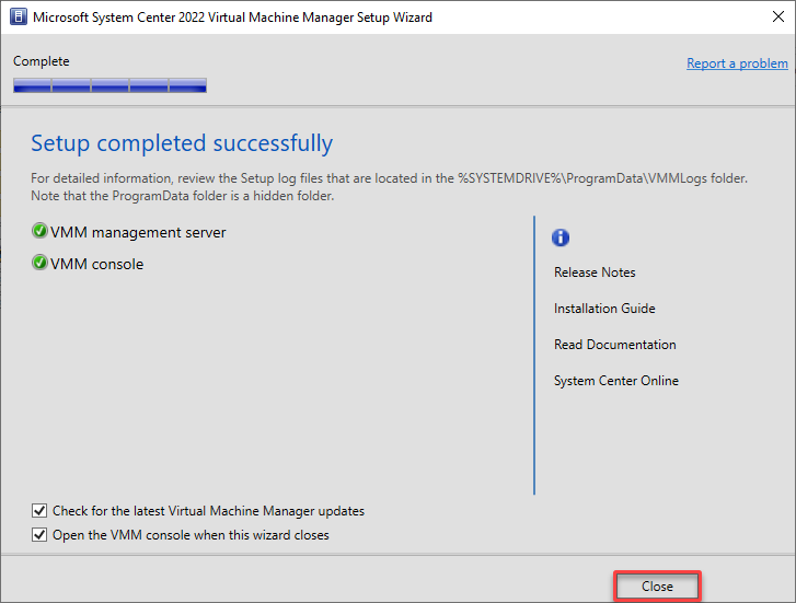 Finishing the SCVMM installation