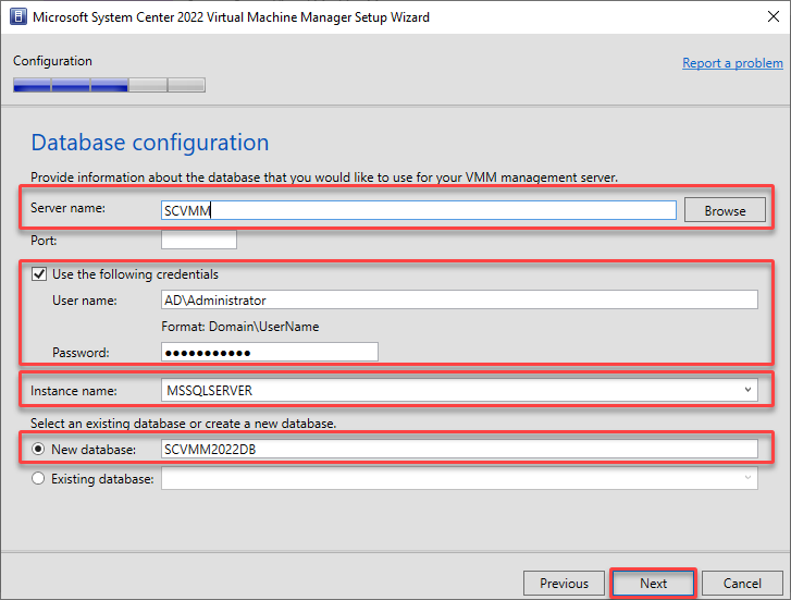 Configuring the SCVMM database