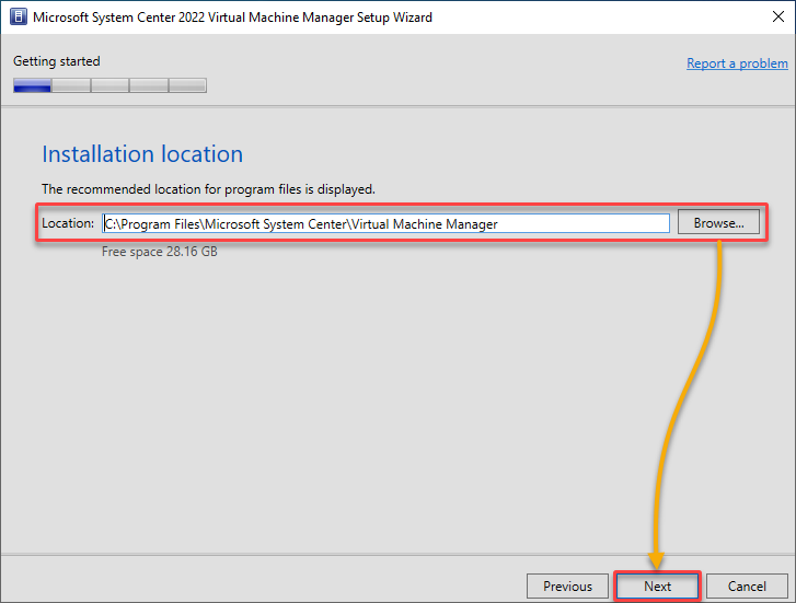 Choosing the SCVMM installation location