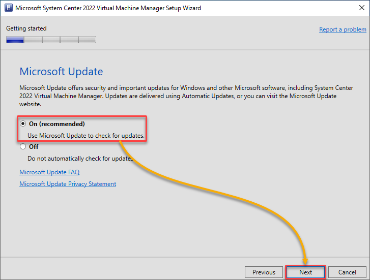 Turning on the Microsoft Update option
