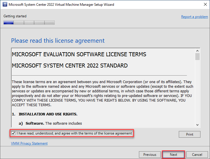 Accepting the software license agreement