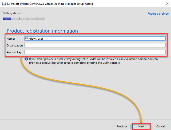 Filling out the product registration details