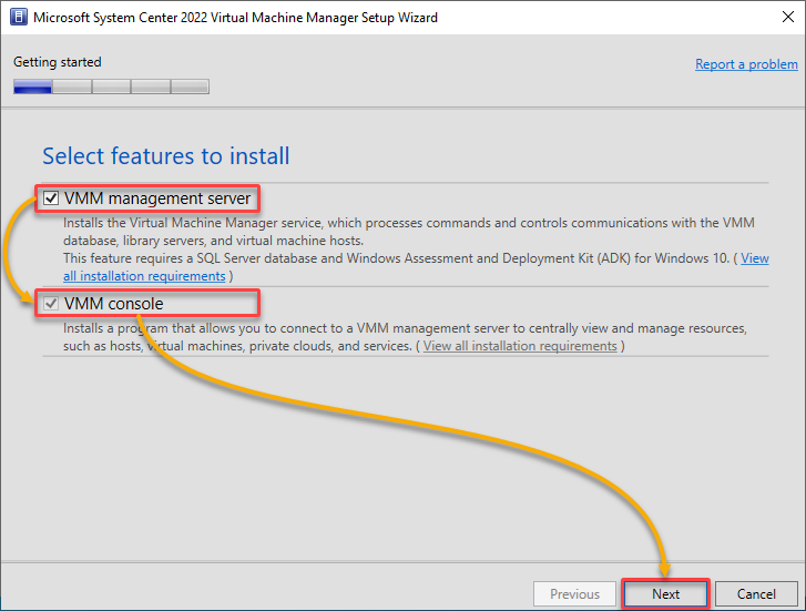 Selecting VMM features to install