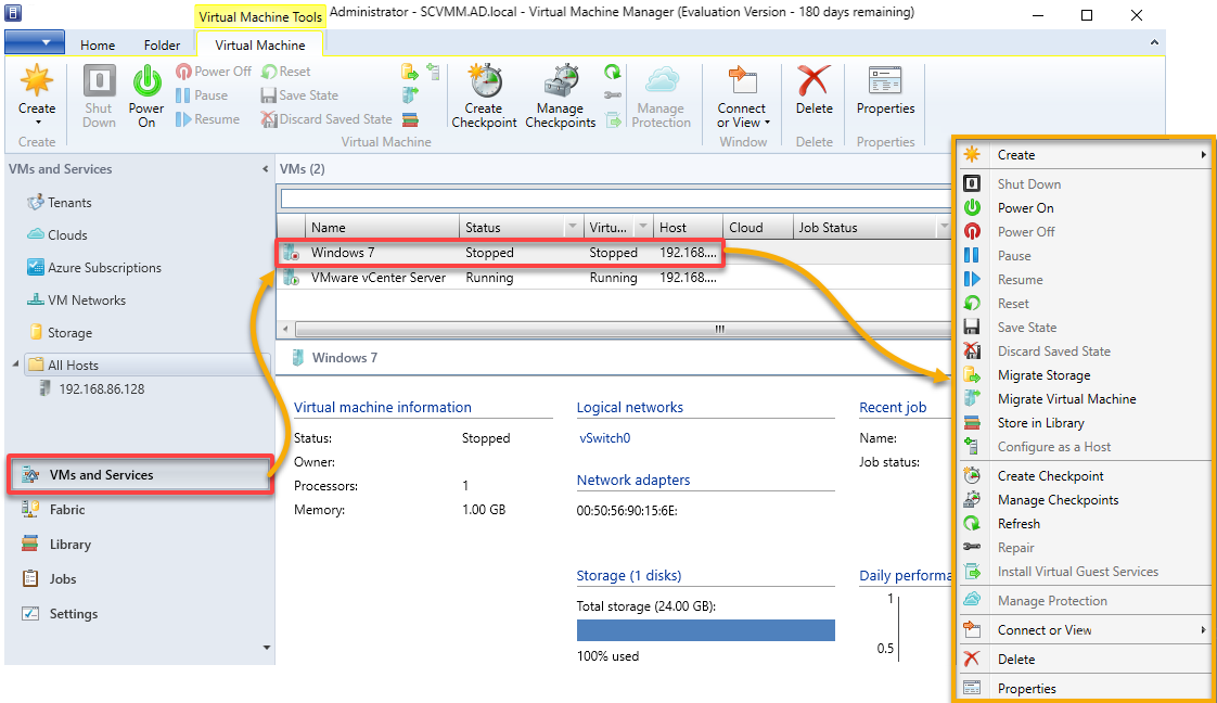 Displaying available options for VM management