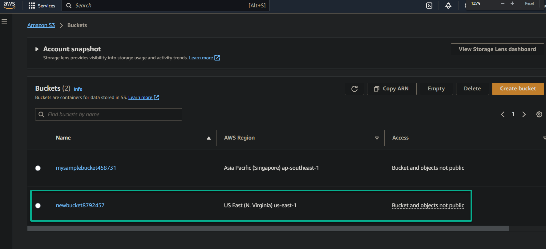 Verifying newly-created AWS S3 bucket in AWS Management Console