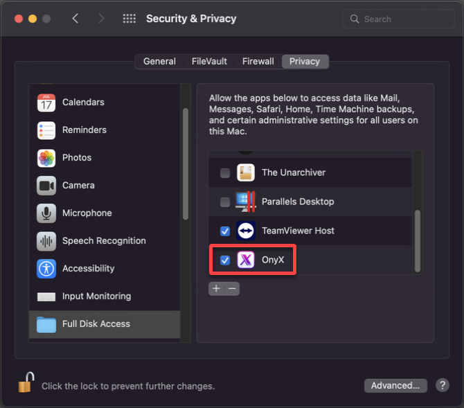 Granting full disk access to OnyX