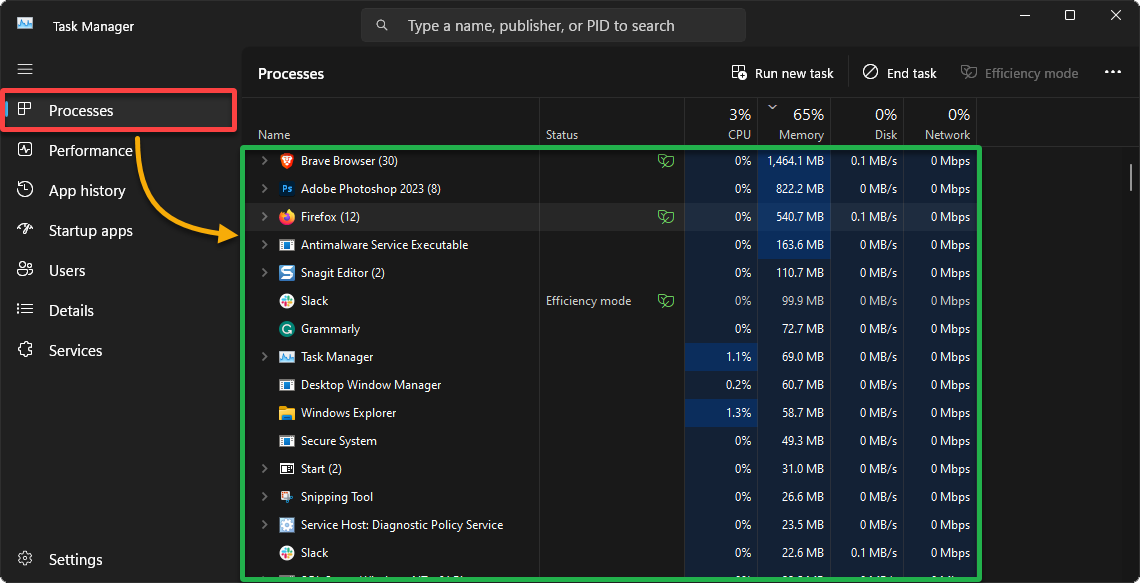 Viewing all running processes in the Windows system