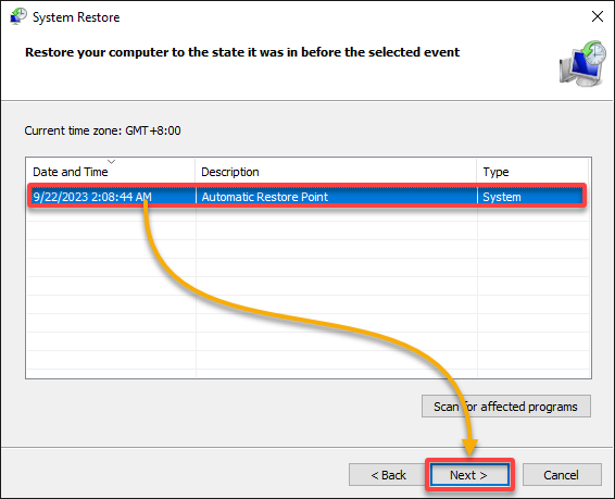 Selecting a restore point