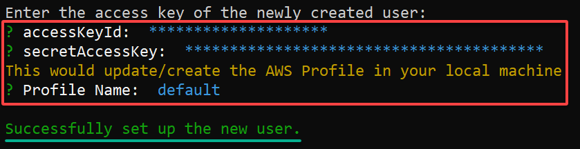 Providing credentials (access key and secret key) to set up the new user