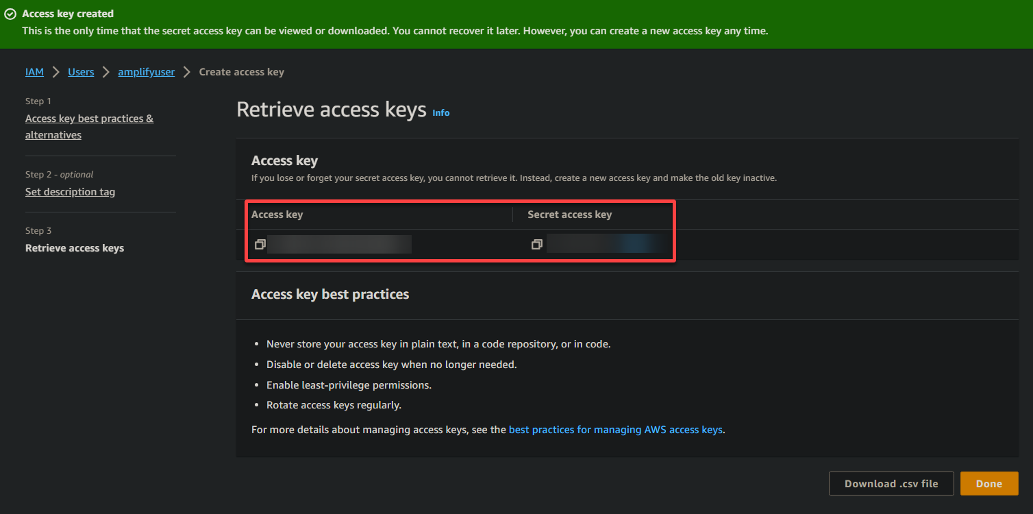 Copying the Access Key ID and Secret Access Key