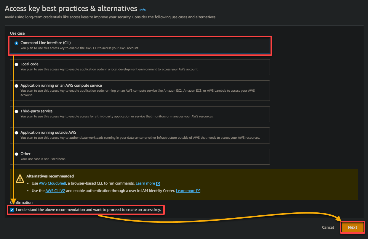 Selecting a use case for creating an access key