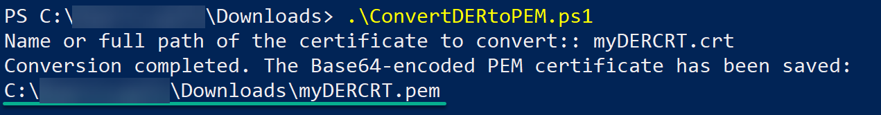Converting a DER-encoded certificate to PEM via PowerShell