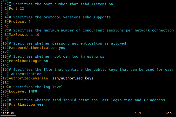 Setting the line numbering