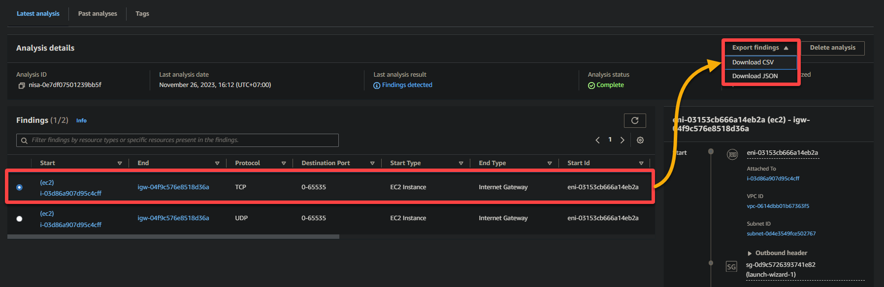 Exporting the network analysis to either CSV or JSON format