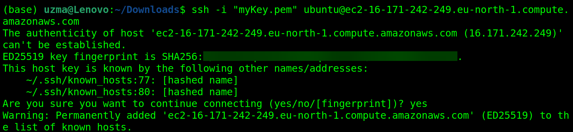 Connecting to the AWS EC2 instance via SSH