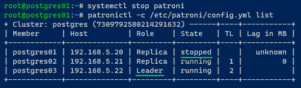 Stopping the Patroni service to test the failover