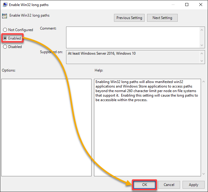 Enabling the Win32 long paths support for Windows via GPE