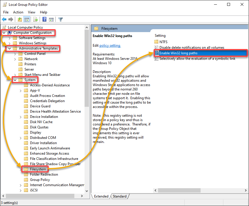 Accessing the configuration dialog for the “Enable Win32 long paths” policy setting