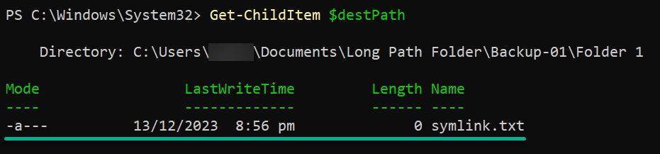 Verifying the file has been copied successfully to the destination path 