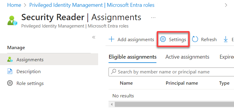 Accessing the Azure AD role’s settings