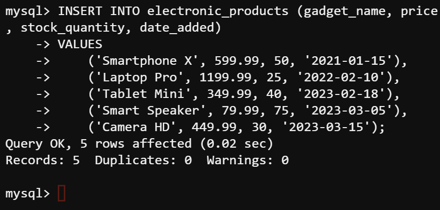 Inserting data into the electronic_products table