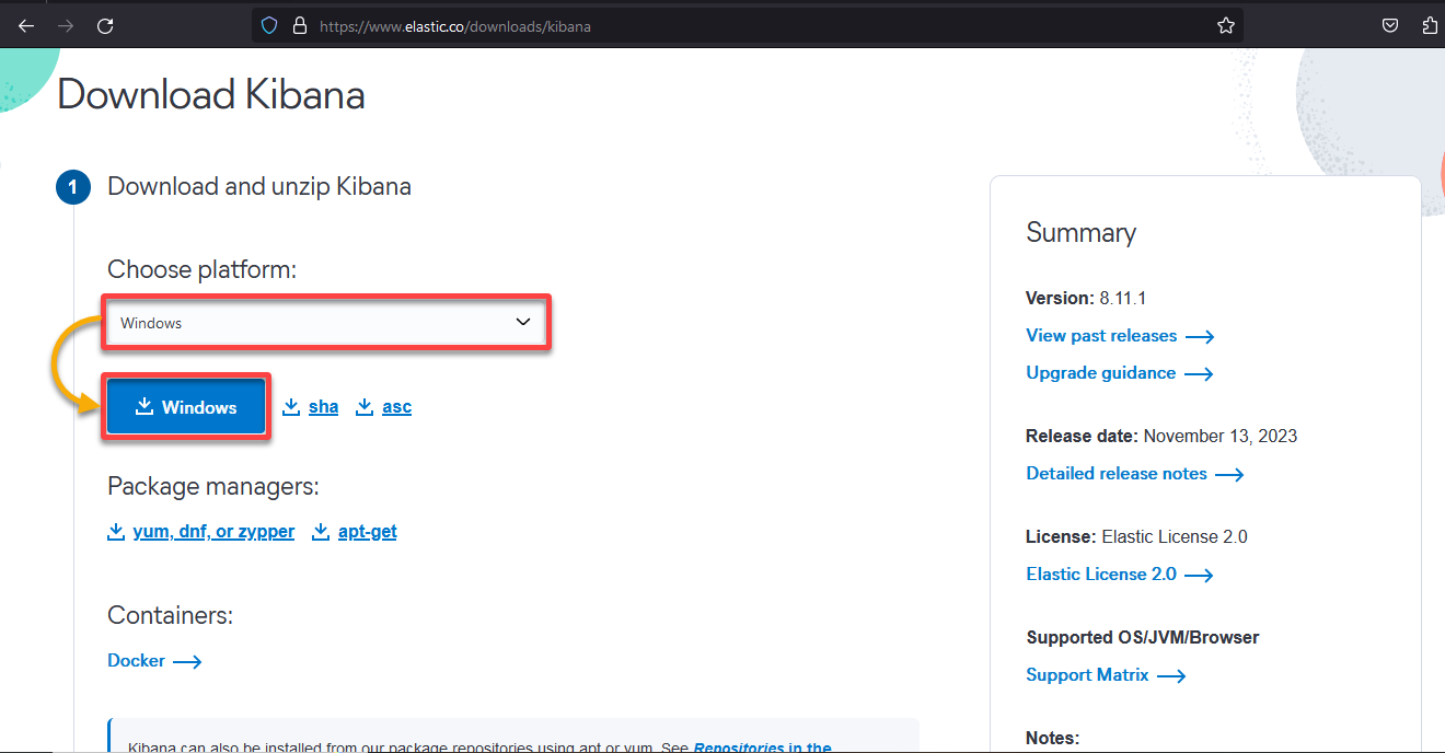 Downloading the Kibana installer package