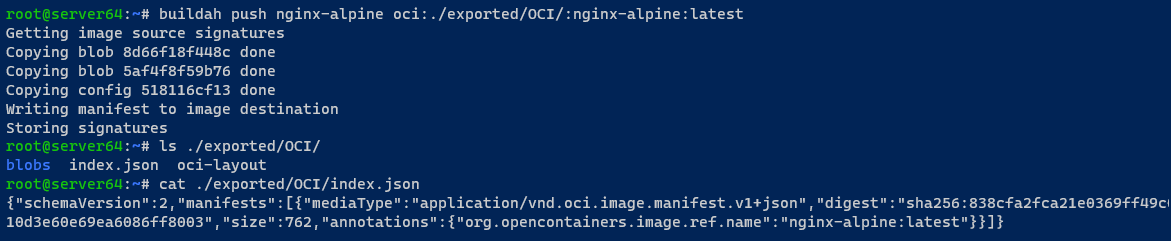 Exporting an OCI image (nginx-alpine) to a local directory with OCI format
