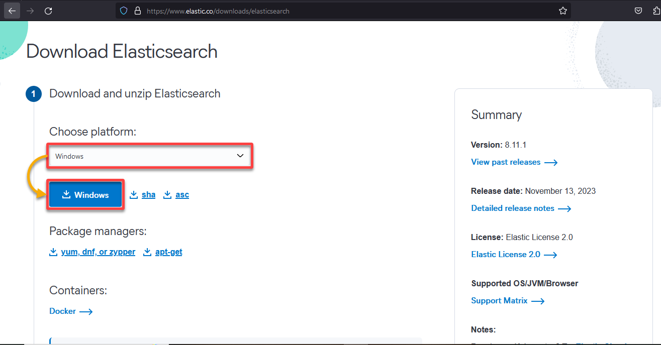 elk stack on windows - Downloading the Elasticsearch installer package