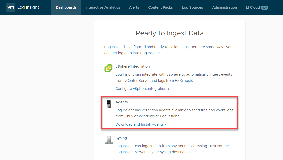 Downloading the Log Insights agent for the VMs