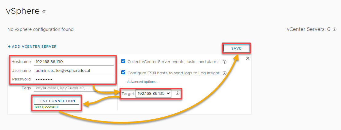 Connecting Log Insight with the vCenter server