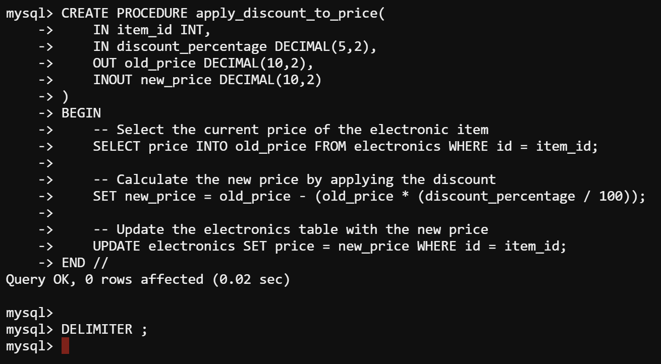 Defining a MySQL stored procedure named apply_discount_to_price