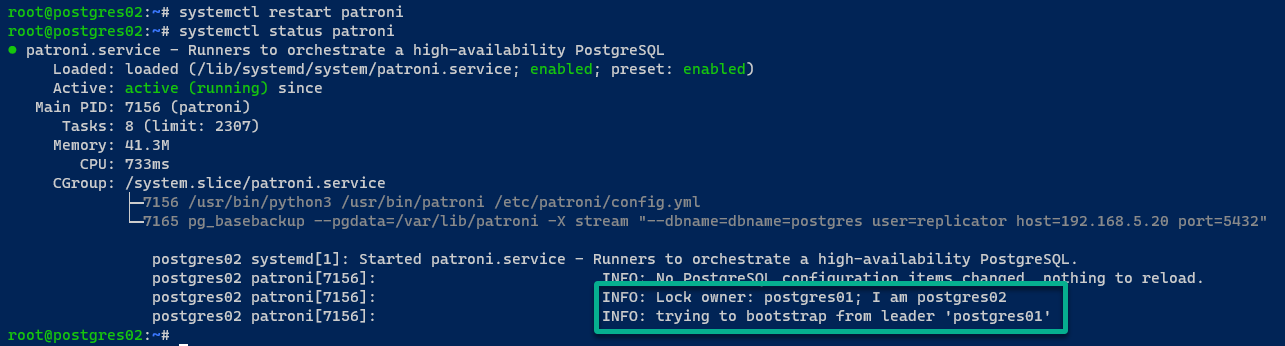 Checking the Patroni service on the postgres02 server 