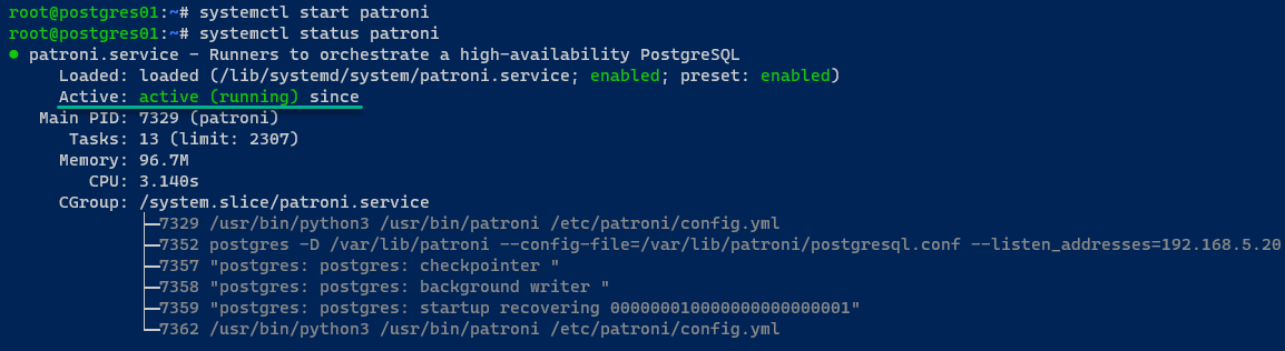 Checking the Patroni service and verifying PostgreSQL cluster initialization 