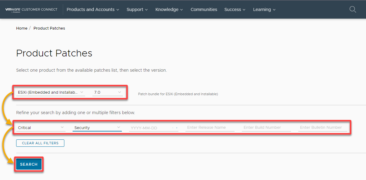 Searching for VMware patches of an ESXi Host