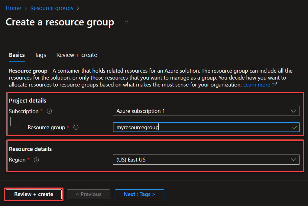 Setting basic info for the resource group