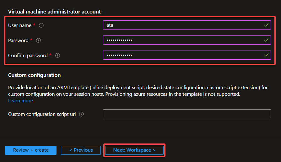 Configuring the VM settings (creating a local administrator account)