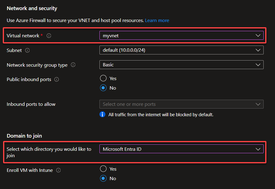 Configuring the VM settings (from virtual network to domain)