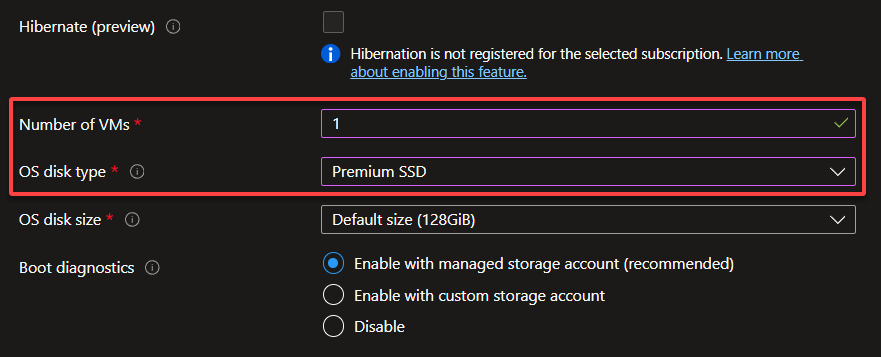 Configuring the VM settings (from number of VMs to OS disk type)