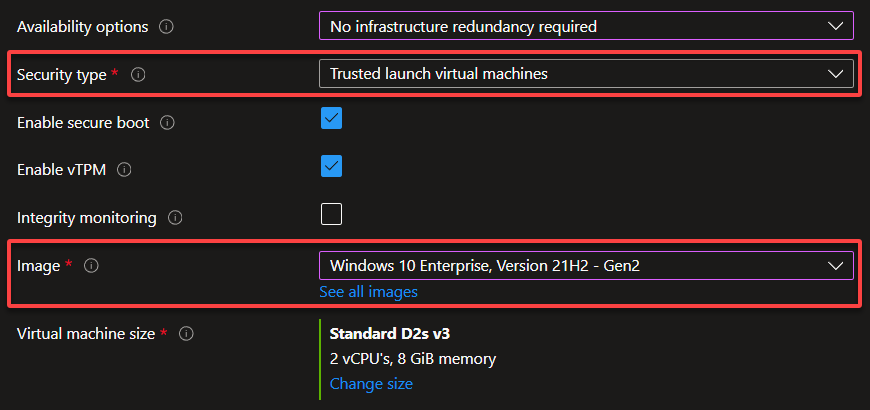 Configuring the VM settings (from security type to VM image)