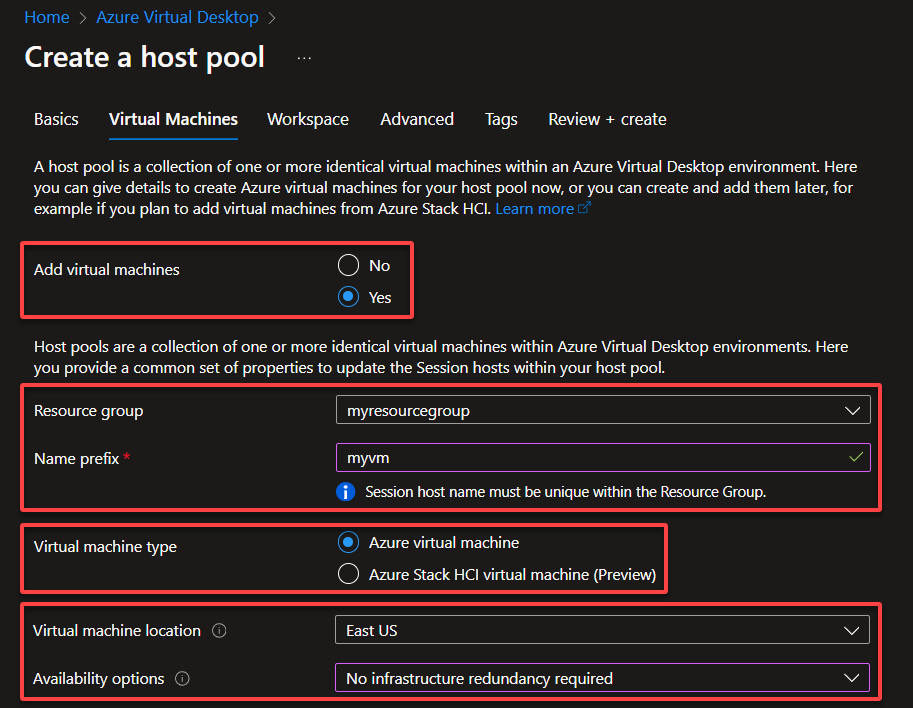 Configuring the VM settings (from resource group to availability options)