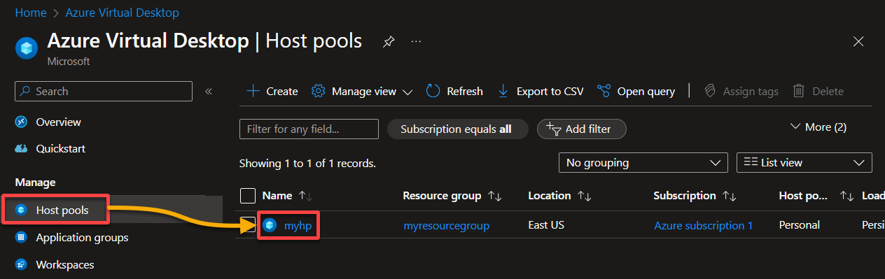 Accessing the personal host pool’s details page