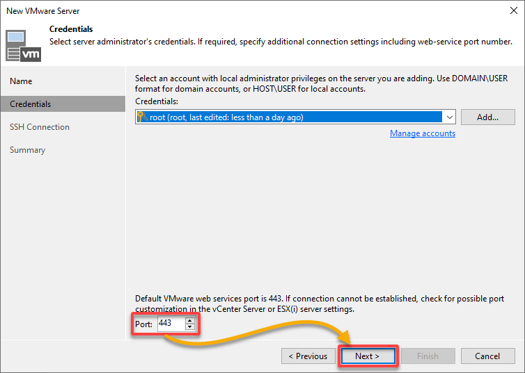 Configuring the port settings for connecting to the ESXi host