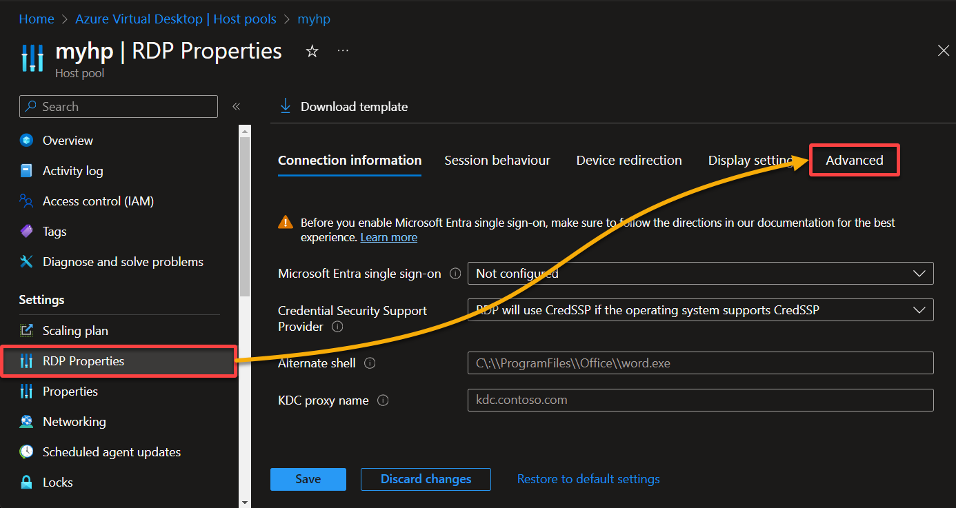 Accessing the advanced RDP properties