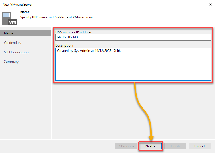 Specifying the IP address of an ESXi host to backup