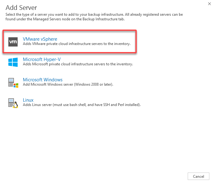 Selecting VMware vSphere as the type of server in Veeam