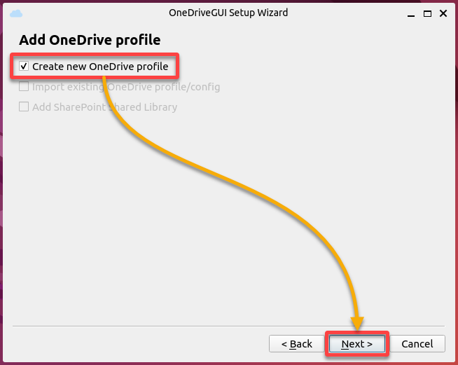 Choosing to create a new OneDrive profile