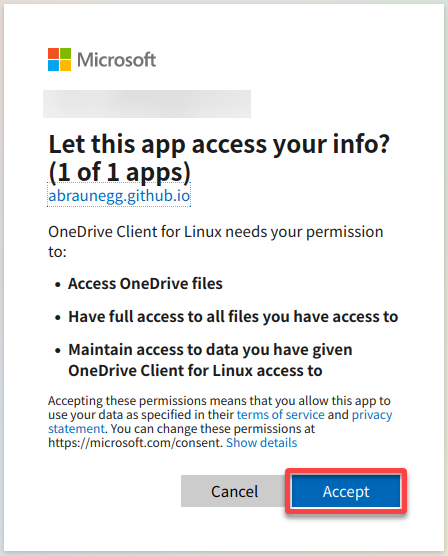 Authorizing access for OneDrive Client for Linux