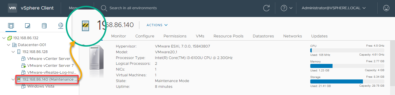 Confirming the ESXi host is in maintenance mode